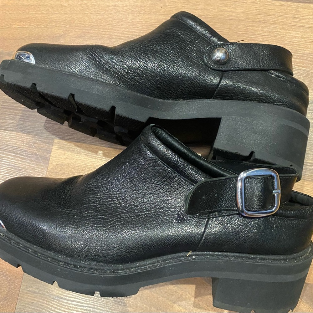 Free People Black Leather Moto Buckle Mules